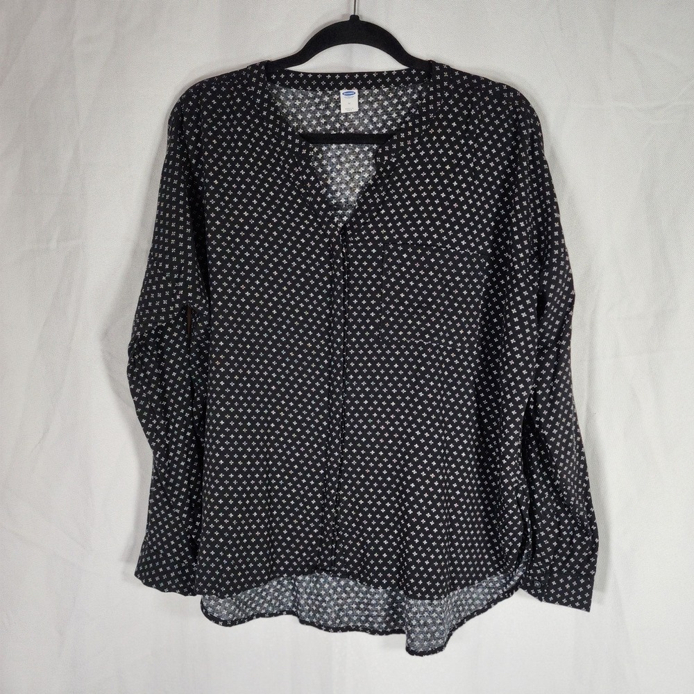 Old Navy Black Button Up Blouse Cross Pattern Goth Office Flowy Womens M